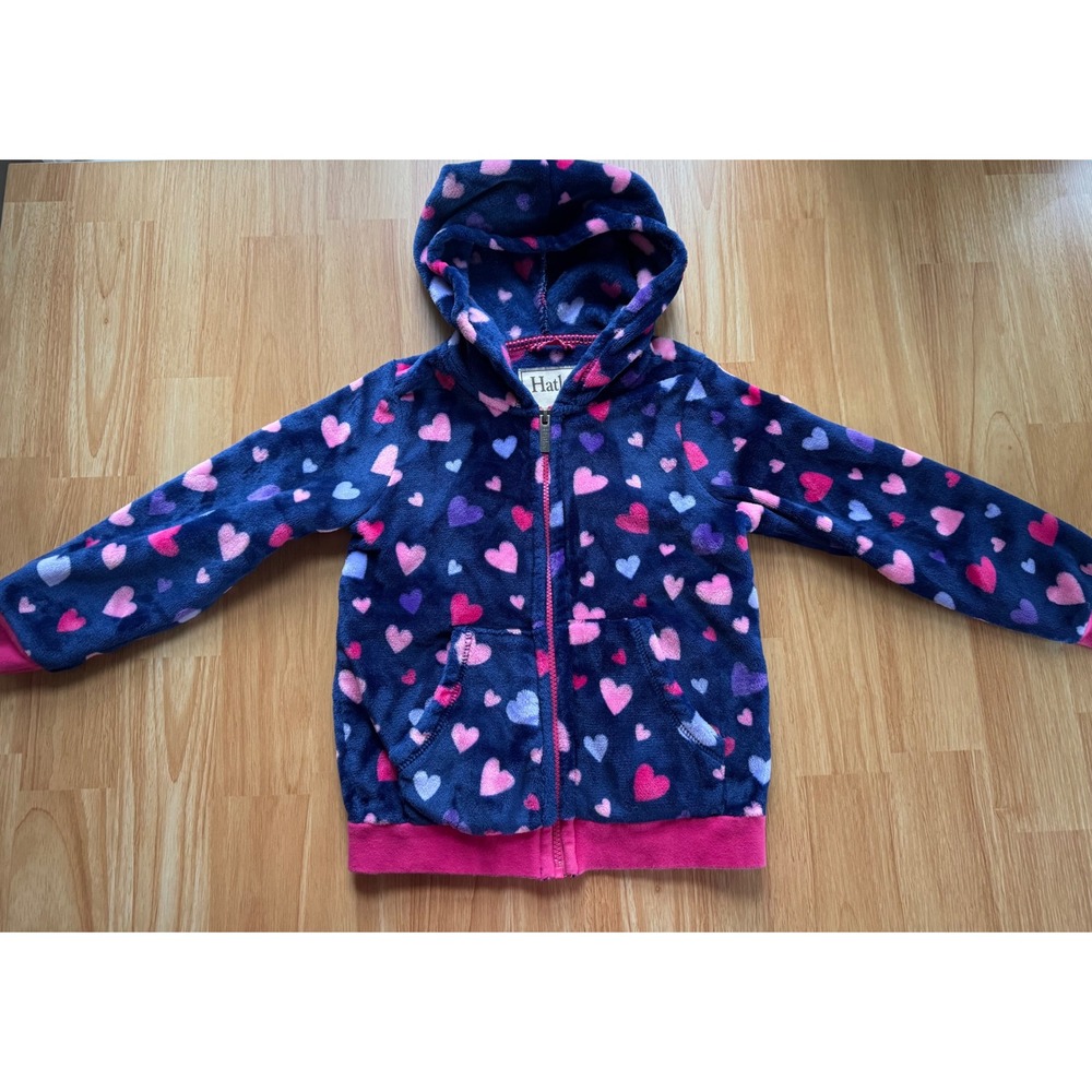 Hatley Girls Size 6 Heart Print Fleece Full Zip Hoodie Jacket Blue Pink EUM501